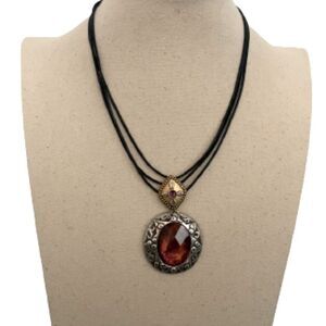 Chico’s Statement Necklace – Faux Topaz Medallion on Triple-Strand Cord